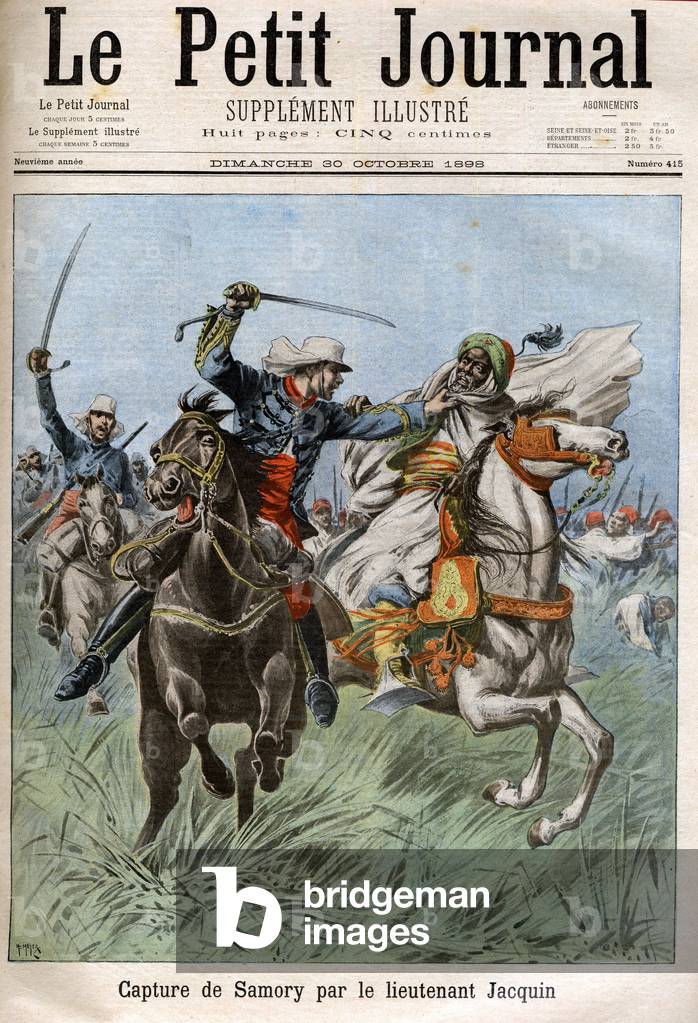 Capture of Samory Toure (circa 1830-1900), Sudanese leader and opponent of French colonization in Africa, by Captain Gouraud and Lieutenant Jacquin. Sudan, 1898 - in ” Le Petit Journal” october 30, 1898 (engraving)