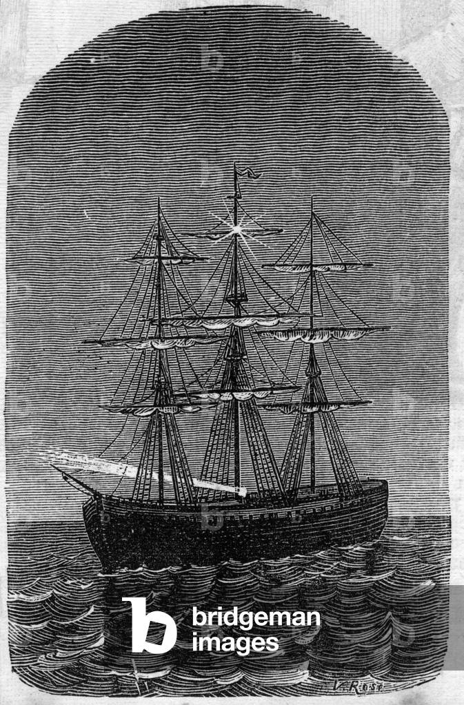 Application of Faure batteries: ship in the open sea lit by electricity. Engraving in “” Le Monde Illustré””, 1883. Private collection.
