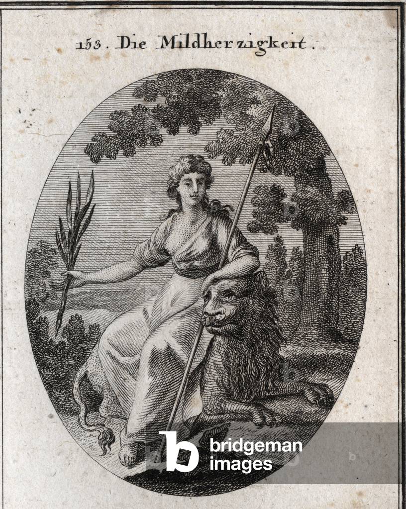 Clemence allegory. She is represented holding a spear and an olive branch to indicate that she has the power to punish but also to forgive. The lion is the attribute of generosite. Engraving in “” Iconologie oder Ideen aus dem Gebiete der Leidenschaften und Allegorien bildich dargestellt fur Zeichner, Mahler, Dichter, Gelehrte, Erzieher und freunde Hoherer Geschmacksbildung” (Iconologie ou idees de la sphere des passions et des allegories...), Vienna 1801. Book containing 225 illustrations. Private collection.