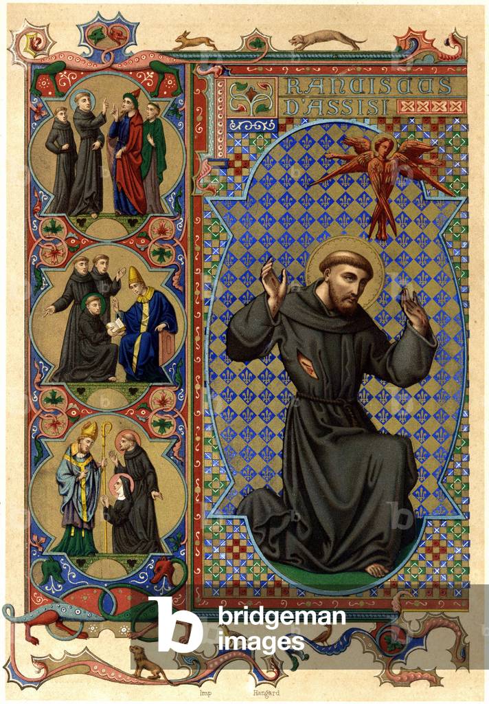 Saint Francis of Assisi receiving stigma. early 20th century (chromo)
