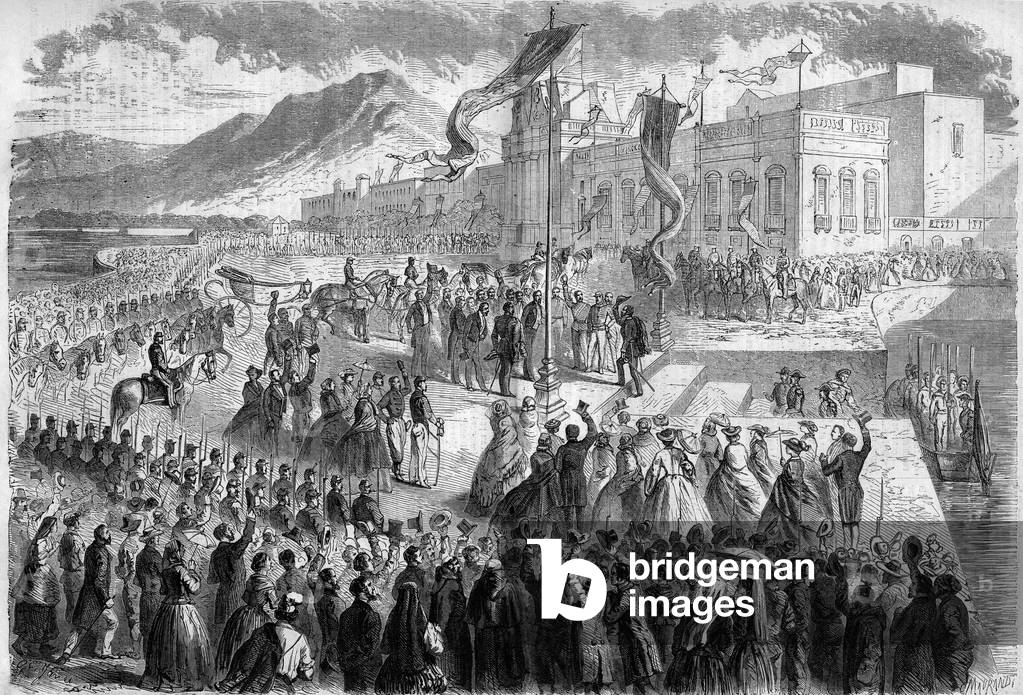 Risorgimento, Palermo, 1 December 1860: arrival of Victor Emmanuel II (Victor-Emmanuel) (Vittorio Emanuele) (1820-1878), king of Talia, in Palermo (Palermo), Sicily, after the city's attachment to the Kingdom of Italy. Engraving in “” Le Monde Illustré”” n°191 of 8 December 1860.
