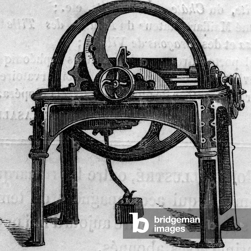 Agricultural machine: a straw axe used to prepare animal feed, 1860 (engraving)