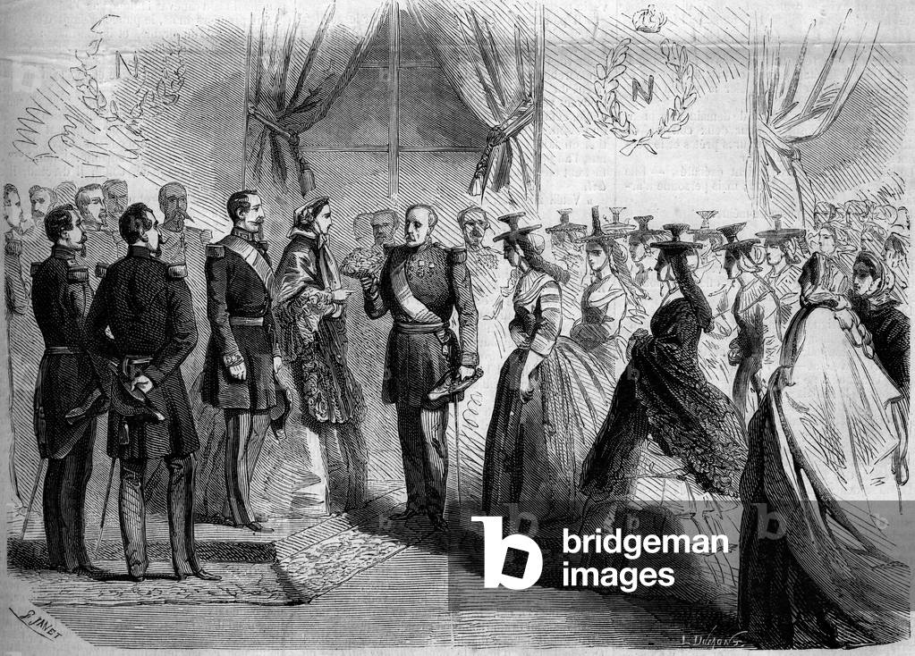Presentation to Napoleon III (1808-1873) and to the Impress Eugenie (1826-1920) of twelve Maconnaises in country costume. Macon, Saone and Loire (71), 1860. Engraving in “” Le Monde Illustré”” n°177 of 1 September 1860.