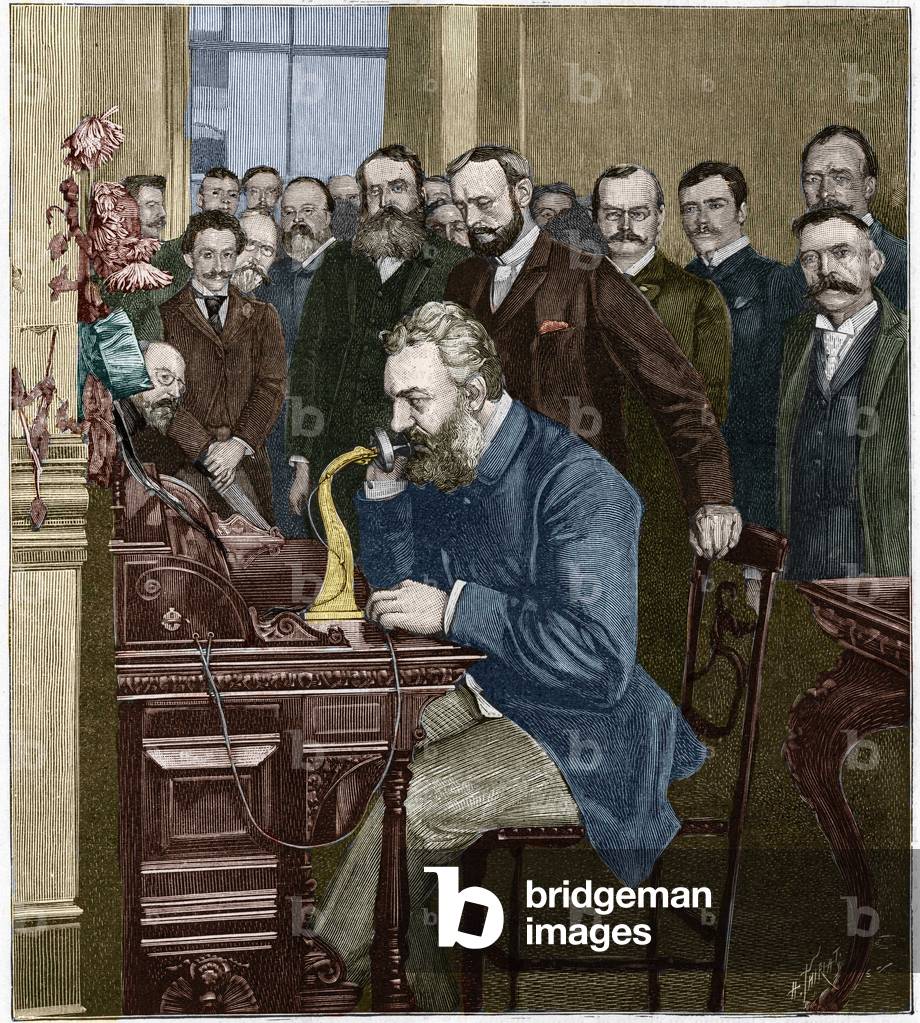 Alexander Graham Bell (1847-1922) inaugurated the New York-Chicago long-haul line, October 18, 1892 (Engraving)