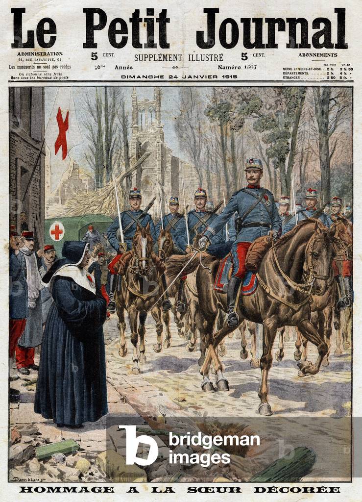 French soldiers paying tribute to Sister Julie in Gerbeviller, engraving from Le Petit Journal, 1915 (print)