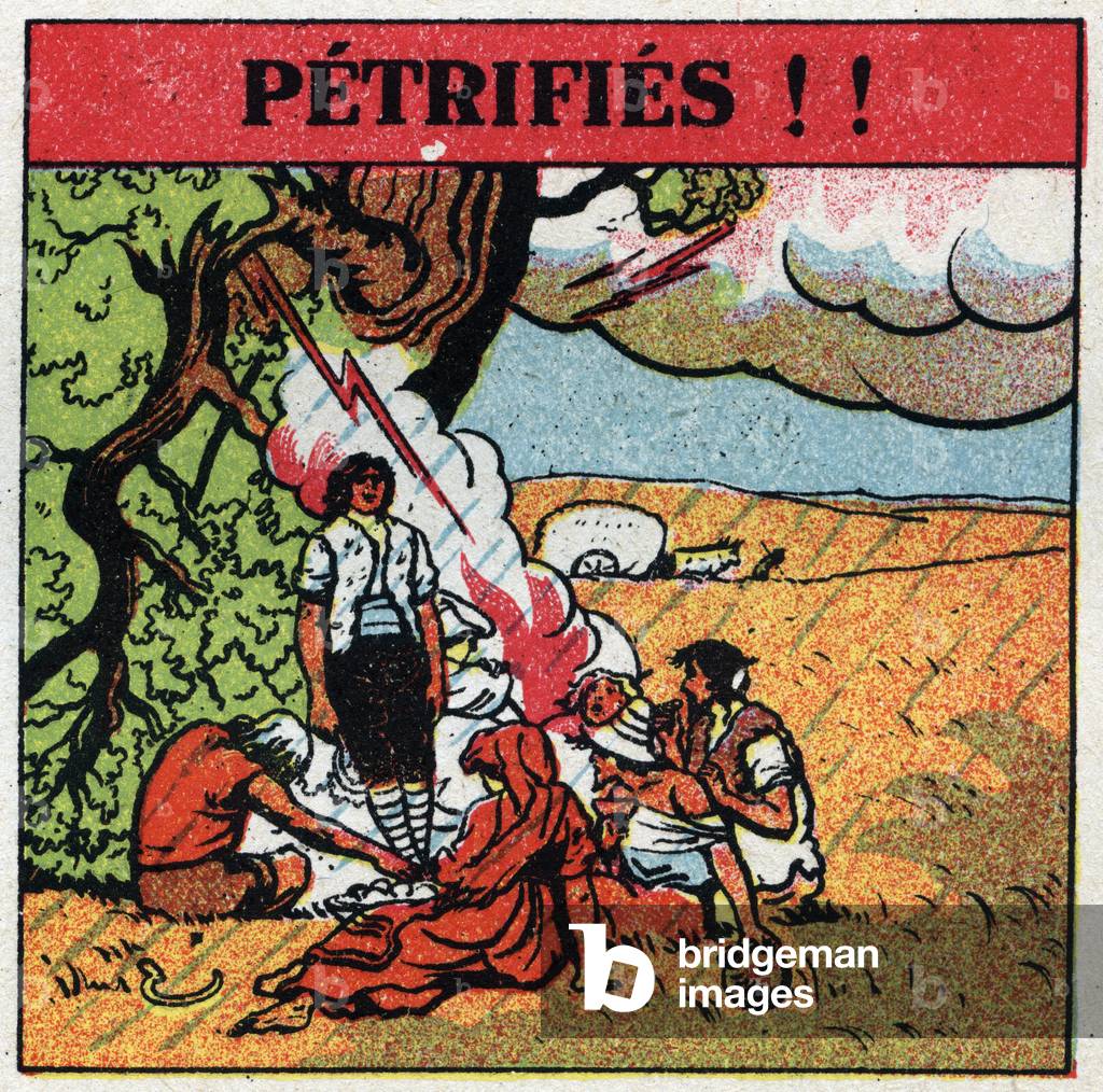 Atmospheric electricite: men electrocuted by lightning remain petrified. Anonymous illustration from 1925. Private collection.