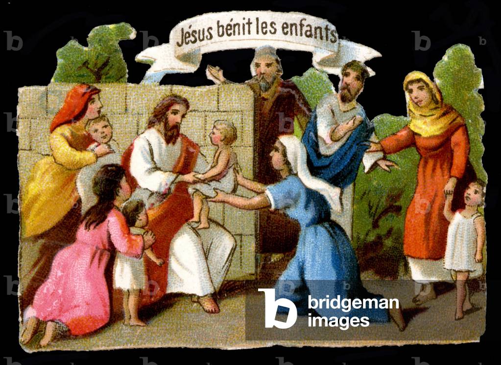 Jesus Christ blessing children. 19th century chromolithography.