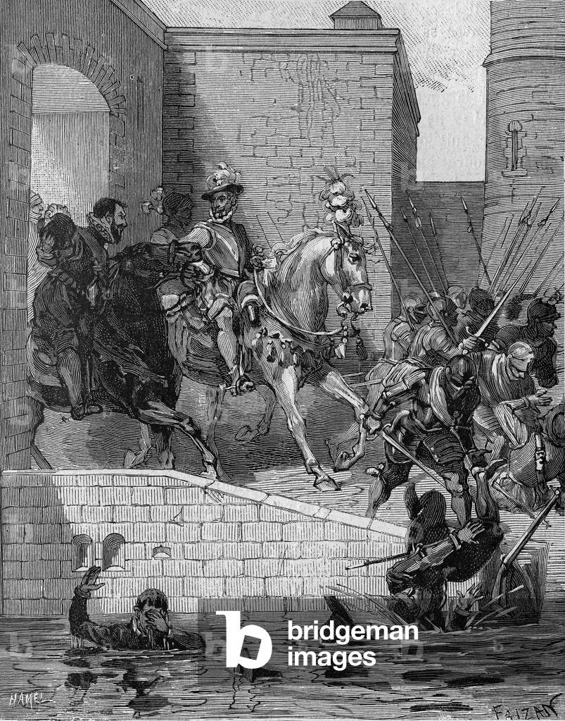 Entre of Henry IV (1553-1610), King of France, in Paris, March 22, 1594. Engraving sd 19th century.