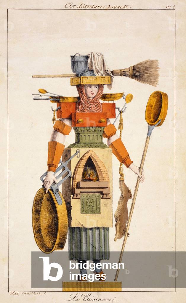 Series “” Living Architecture”” representing trades: The stove. engraving sd. 19th century.