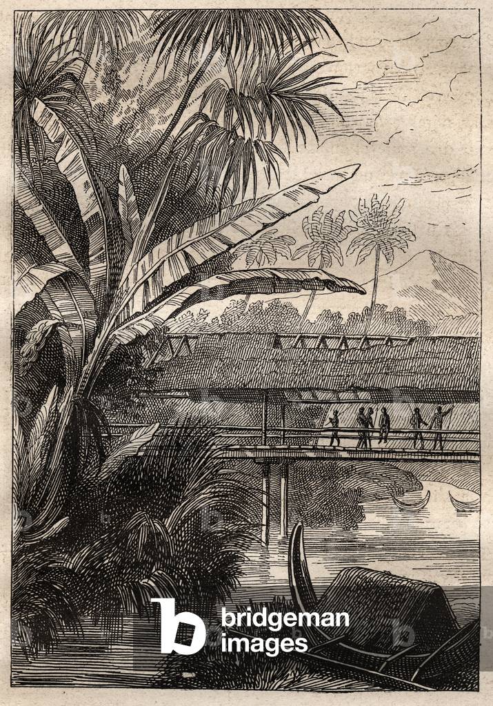 Expedition of Antoine Bruny (Bruni) d'Entrecasteaux (1737-1793) in search of Jean Francois Galaup de La Perouse (1741-1788) in 1791: view of the Bouron Island (?) - illustration taken from “The Great Mariners of the 18th century””, 1879 - 1 of the 3 volumes of the “Histoire generale des grands voyages et des grands voyageurs” by Jules Verne