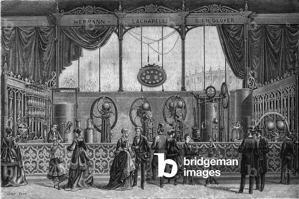 World exhibition of 1867: gas water appliances invented by Hermann Lachapelle (Hermann-Lachapelle) and Glover (saturator, gazometer, sprayer, dosing pump...). Engraving in “” Le Monde Illustré”” n°578 of 9 May 1868.