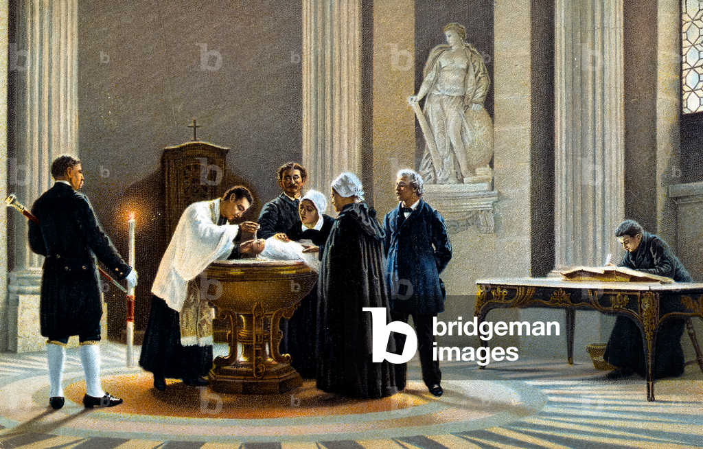 Bapteming of a baby in a church. 19th century chromolithography.
