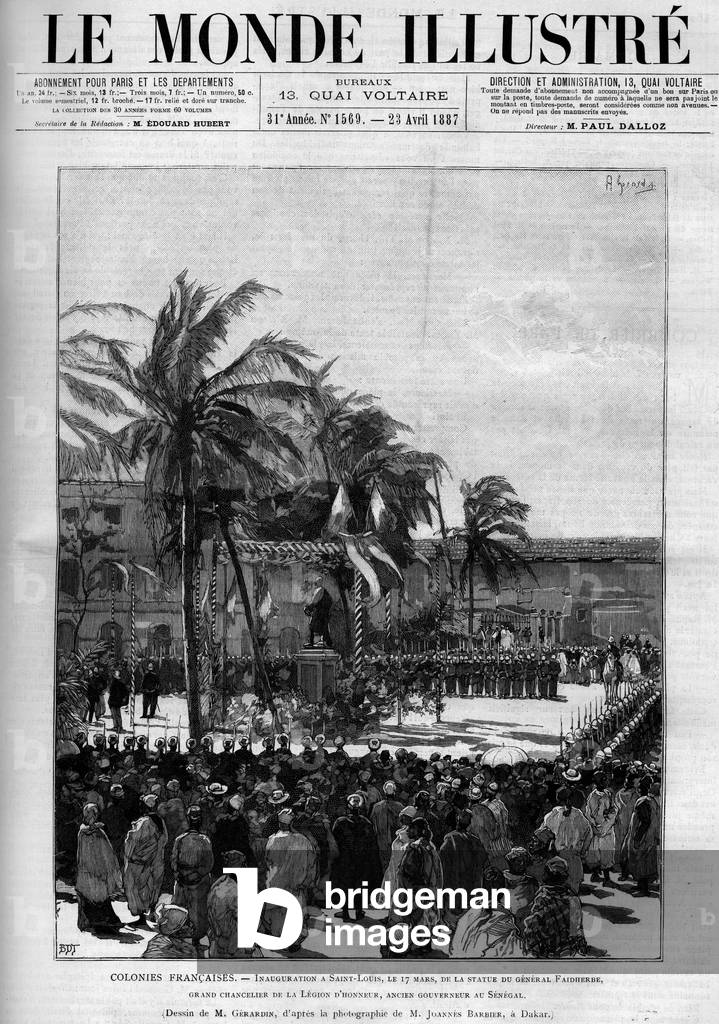 French colonies: Inauguration of the statue of General Faidherbe, Grand Chancellor of the Legion of Honour, former Governor of Senegal, on March 17, 1887. Engraving in “” Le monde illustrious””, 1887. Private collection.