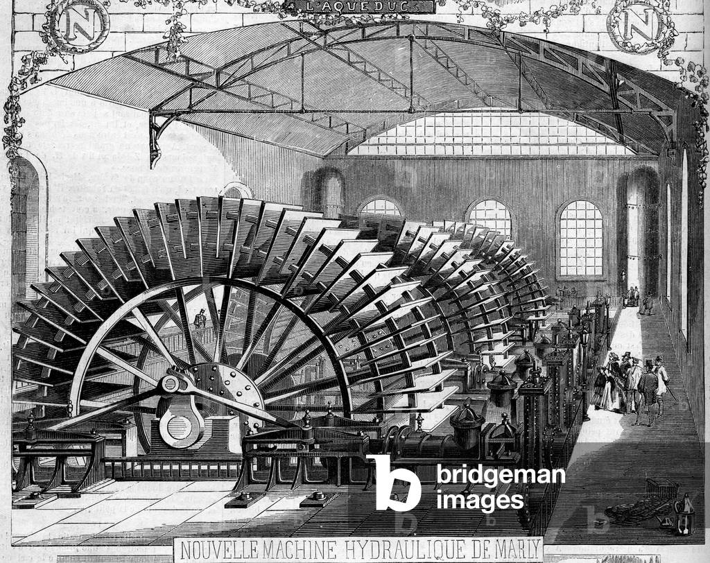 Marly hydraulic machine built by engineer Dufrayer, 1859. Engraving in “” Le Monde Illustré”” n°133 of October 29, 1859.