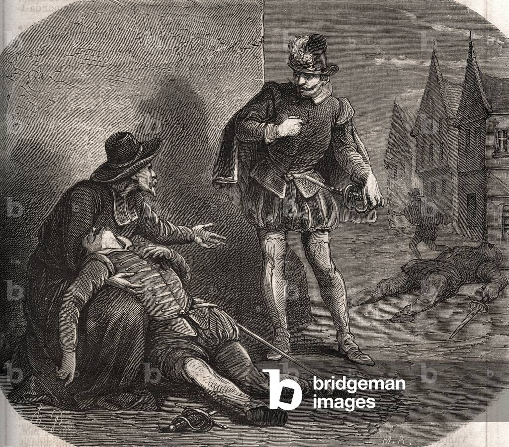 An emissary of the King of France Henry III  was found dying in the streets of Rome in 1582, 1871 (engraving)