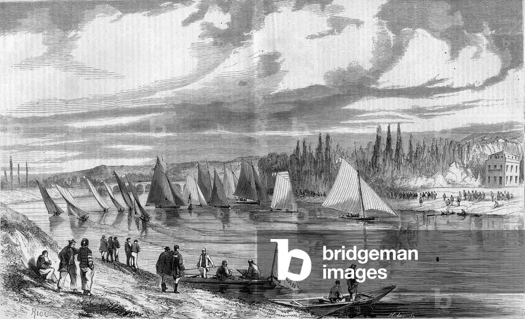 Sports competition, 1858: sailing race during the regattas of Saint Cloud. Engraving in “” Le Monde Illustré”” n°58 of 22 May 1858.