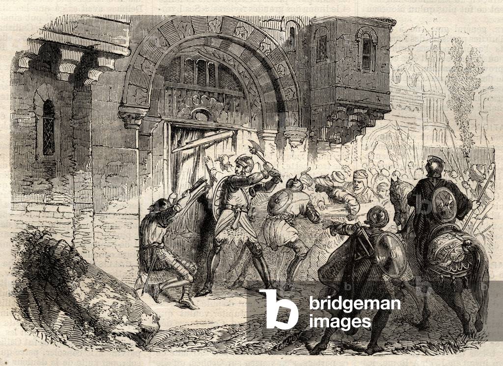 John II Comnenus, Byzantine emperor - The Emperor John II Comnene (1087-1143) at the head of the Greeks driving the door of his Palace in Constantinople - engraving in “” Illustrous Popular Dictionary”” - 1864 - by Joseph Decembre and Edmond Allonier -