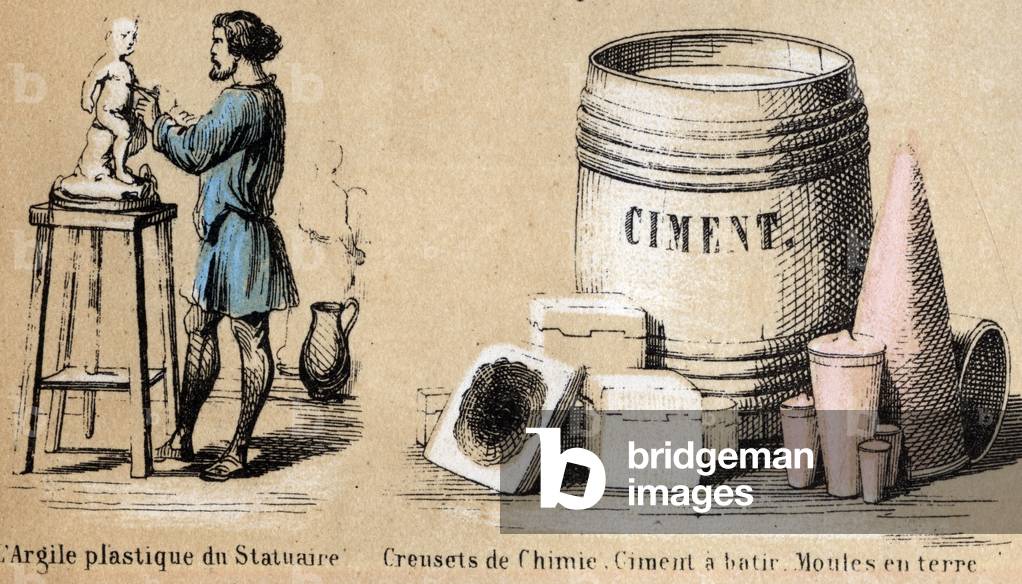 Description of the various stages of manufacture and uses of clay: a sculptor shaping clay and using clay for cement and earth moulds. Plate “” The clay and its products”” in “” Les Recreations instructives”” Synoptic painting by Jules DELBRUCK, engraving from 1860. Private collection.