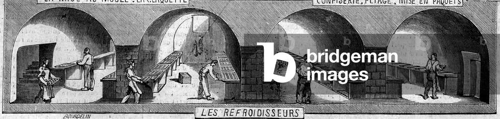 Chocolate manufacture: chillers. Usine de M. Masson, Paris, 1859. Engraving in “” Le Monde Illustré”” n°124 of 27 August 1859.