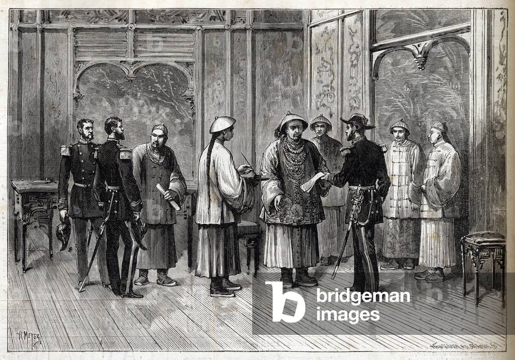 The Tientsin Accord or Li-Fournier Convention - Tientsin Agreement - Li-Fournier Convention (Li Fournier) - May 11, 1884 - (Li Hongzhang (Li Hung Chang or Li-Hung-Chiang, 1823-1901) and Francois Ernest Fournier, 1842-1934) (ends the conflict between France and China for sovereignty over Tonkin) - engraving in “The Illustrous Journal of 1884