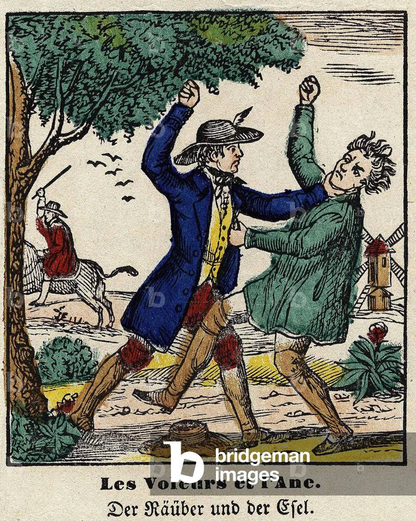 Fables by La Fontaine: the thieves and the donkey, first half of the 19th century (print)