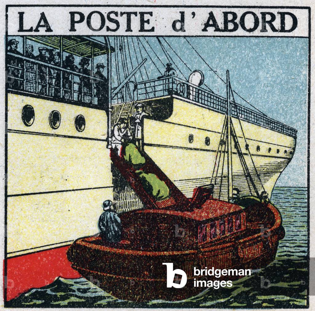 Mail: ship delivering mail on board a liner (post first). Anonymous illustration from 1925. Private collection.