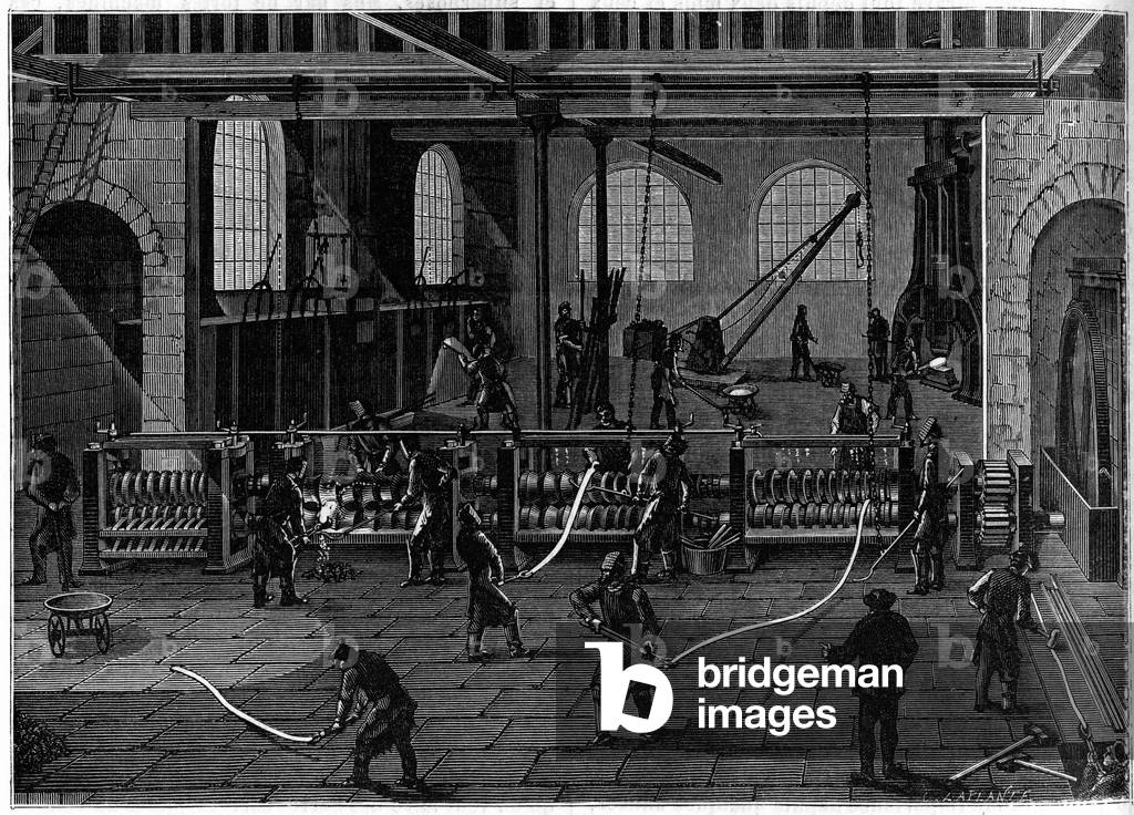 A copper drawing workshop in England, 1886 (engraving)