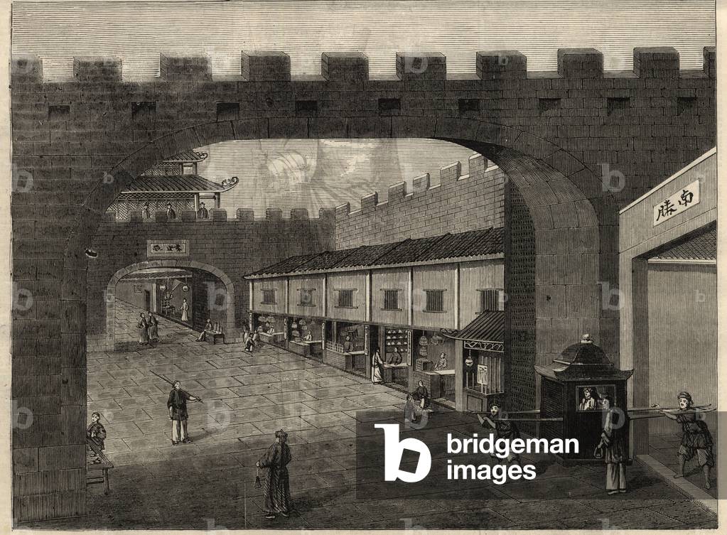 View of a street in the city walls of Guangzhou, China. Engraving In “” The Illustrated London News”” of 14 February 1857.