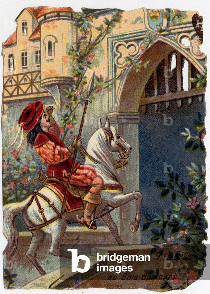 Anonymous illustration for “La belle au bois dormant”, tale by Charles Perrault (1628-1703), French writer: “After a hundred years the prince reached the gate of the castle...”” Chromolithography.
