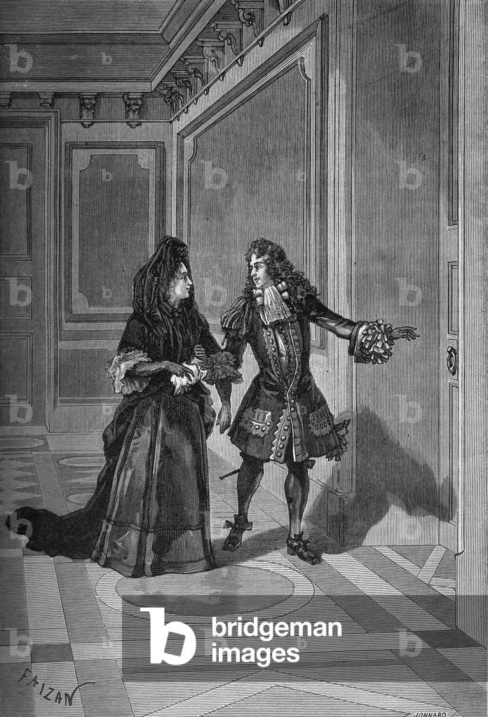 Death of Marie Therese (Marie-Therese), Queen of France, 30 July 1683: M. de la Rochefoucauld asking Madame de Maintenon (Francoise d'Aubigne, Marquise, Madame de Maintenon) (1635-1719) to surrender to the king of France Louis XIV (1638-1715). Engraving of the 19th century. In “Histoire de France” by Jules Michelet, 1870.