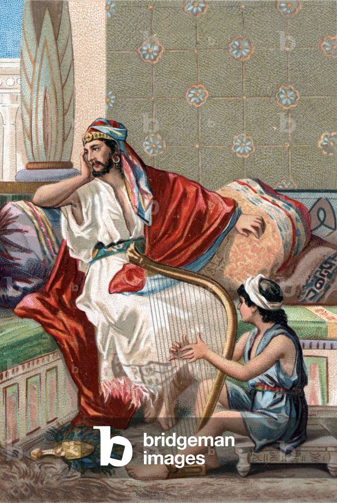 David playing the cithar in front of King Saul to appease him.