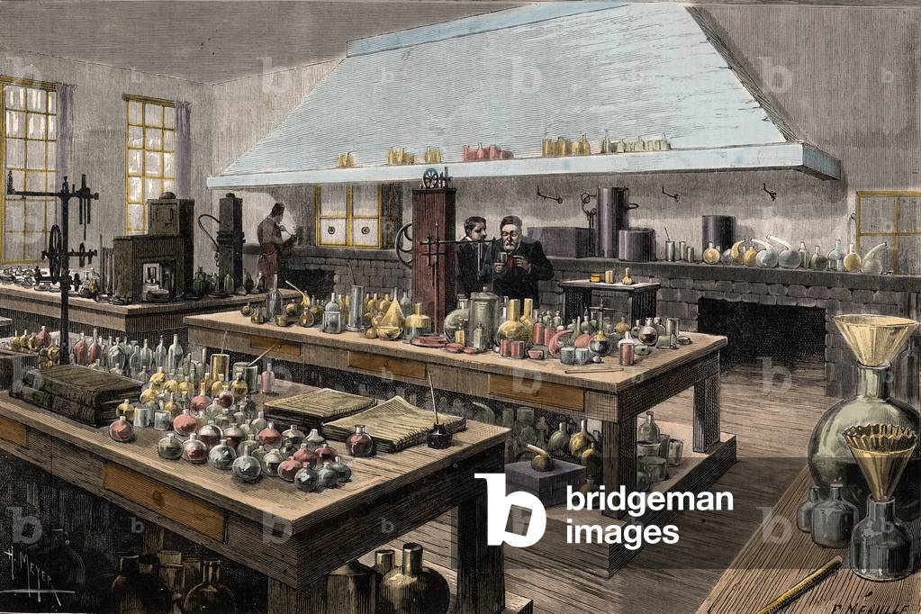 The great laboratory of Louis Pasteur (1822-1895), French chemist and biologist, at the Ecole normale superieure - Louis Pasteur dans son laboratoire à l'Ecole normale superieure - Engraving by Meyer 1884