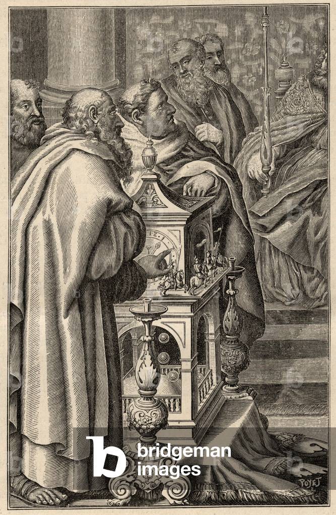 Charlemagne receiving the gift of a clepsydra (water clock) from Harun al-Rashid - In 797 the caliph of Baghdad, Haroun ar-Rachid (765-809) offers Charlemagne a clepsydra (water clock, time measurement) emblematic of the technological know-how of Arab civilization -
