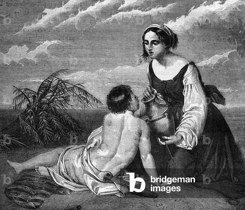 Papal Rome: Agar, Abraham's servant, begat a son to him, whose wife Sarai cannot have children. She will be hunted in the desert with the child and find water thanks to an angel. Engraving in “The history of prostitution and debauche among all the peoples of the world from antiquity to the present day” by Dr. Th. -F. Debray, 1879.