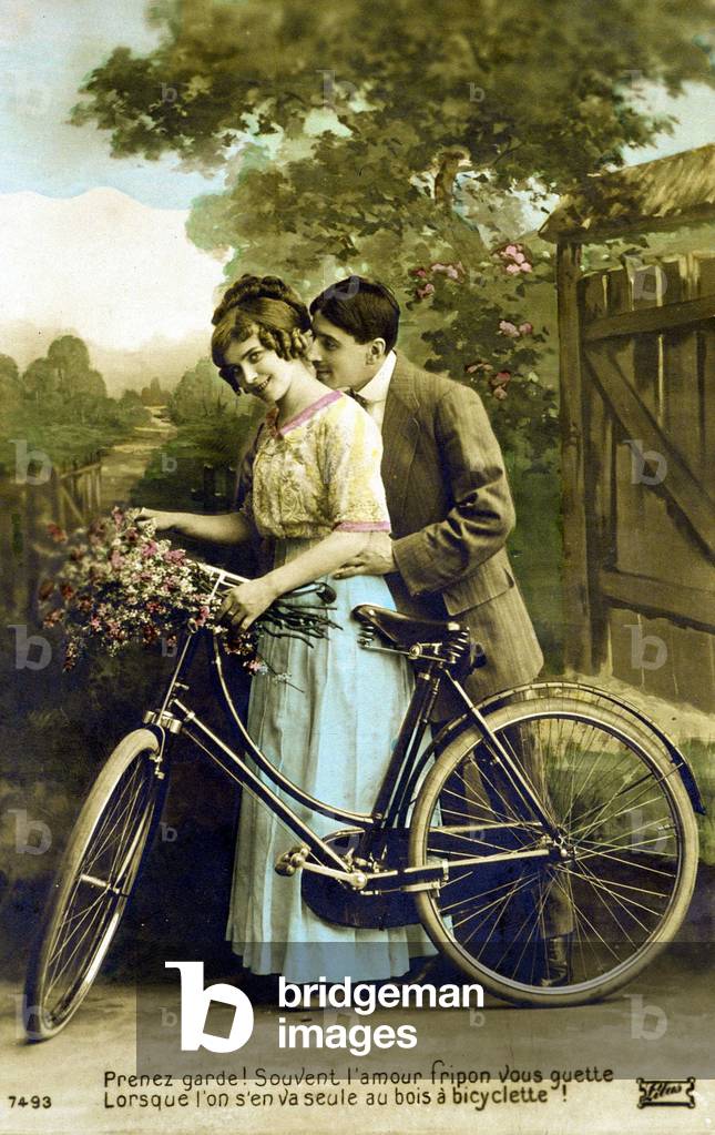 Watch out! Often, you'll find love when you go on a bicycle alone! c.1930 (postcard)