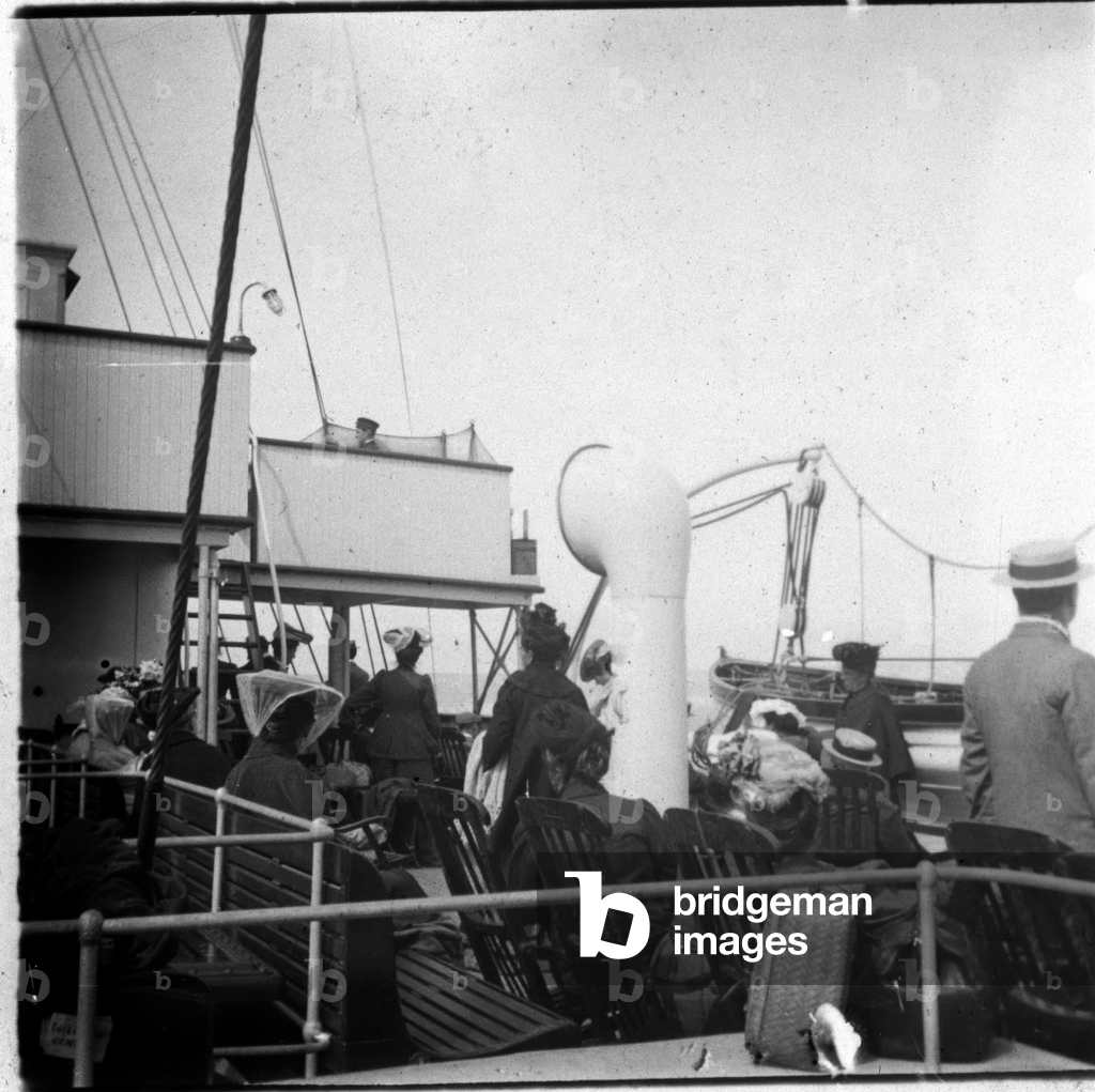 Traveller aboard a liner: crossing the Channel from Boulogne to Folkstone, England. Photograph August 7, 1905.