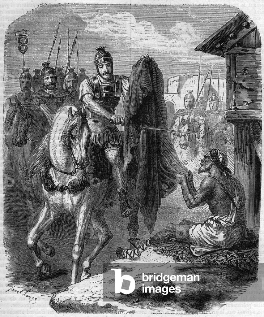 Saint Martin de Tours (Saint-Martin-de-Tours, v. 316-397) making two pieces of his coat to give it to a poor man. Engraving in “Histoire des Papes-Rois-Queen and Empereurs a travers les centuries”” by Maurice Lachatre, 1863.