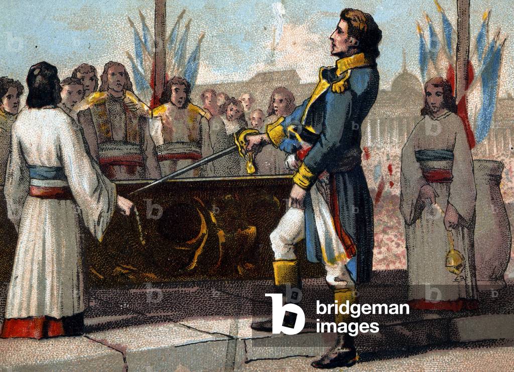 The feast of the Federation (July 14, 1790), the anniversary of the taking of the Bastille: oath to the Constitution. Chromolithography of the Series “” Patriotic Education through Image””.