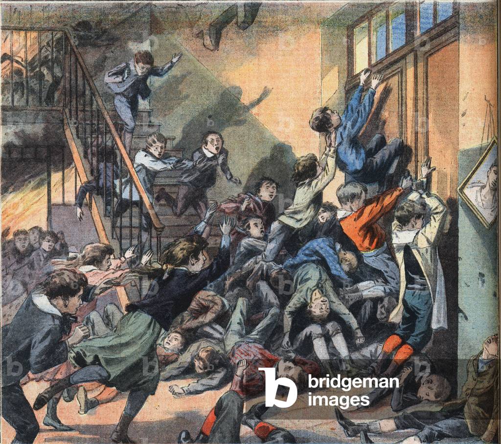 A school burned in Cleveland (United States). Engraving from the newspaper “” Le Petite Parisien””, 22/03/1908. Private collection.