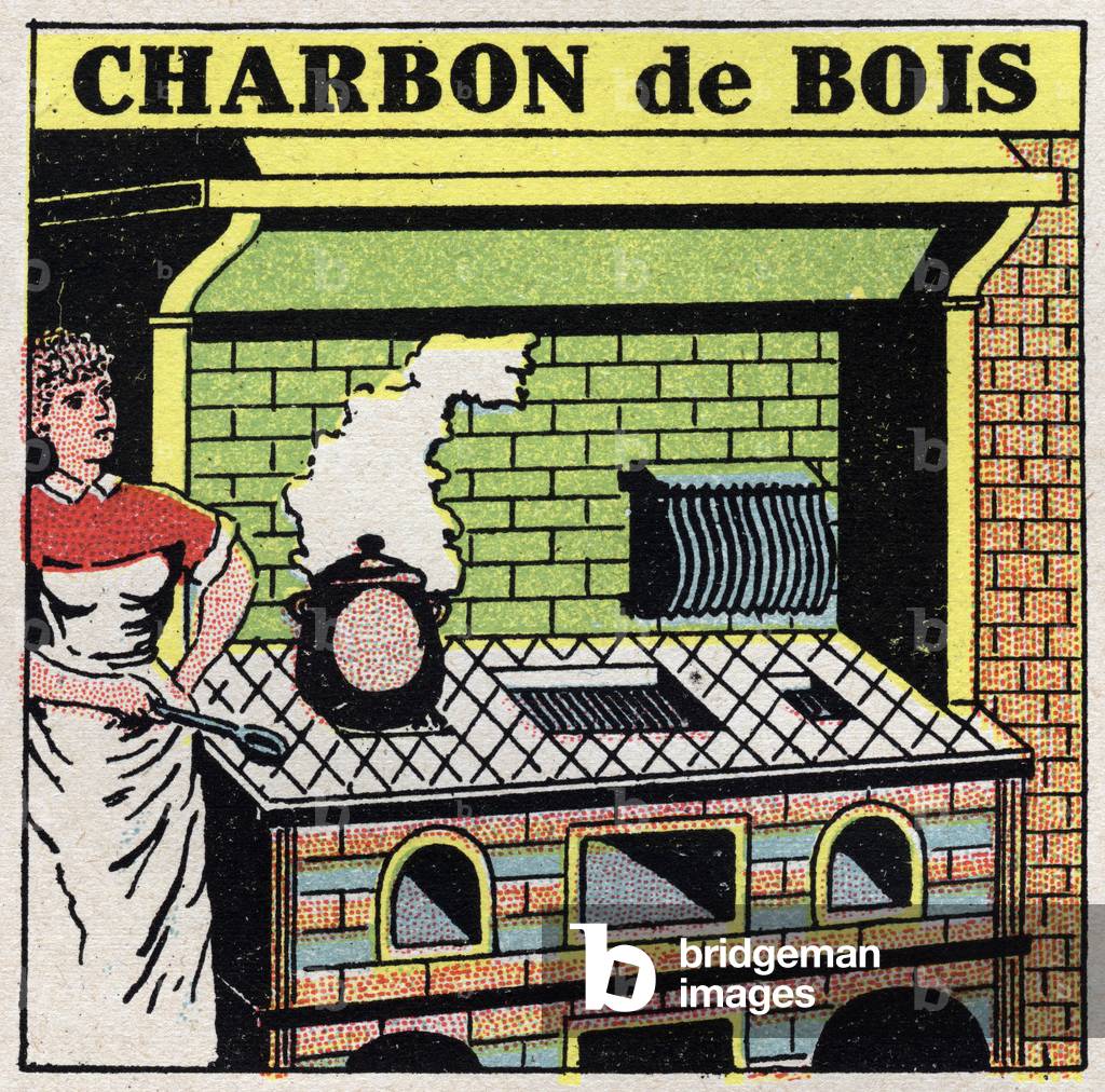 Home heating: charcoal uses in a stove. Anonymous illustration from 1925. Private collection.