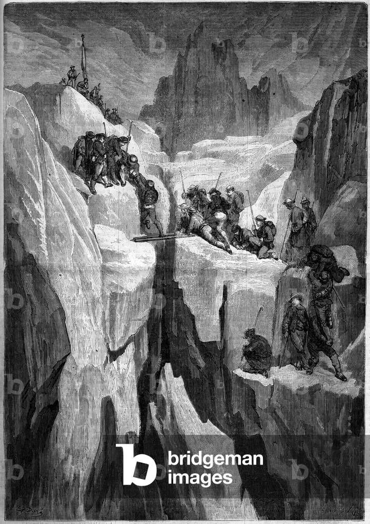 Ascension of Mont Blanc, July 5, 1860: the guides of Chamouni (Chamonix) climbing the Mont Blanc to display the French flags and thus celebrate the annexation of Savoy to France. Engraving in “” Le Monde Illustré”” n°170 of 14 July 1860.