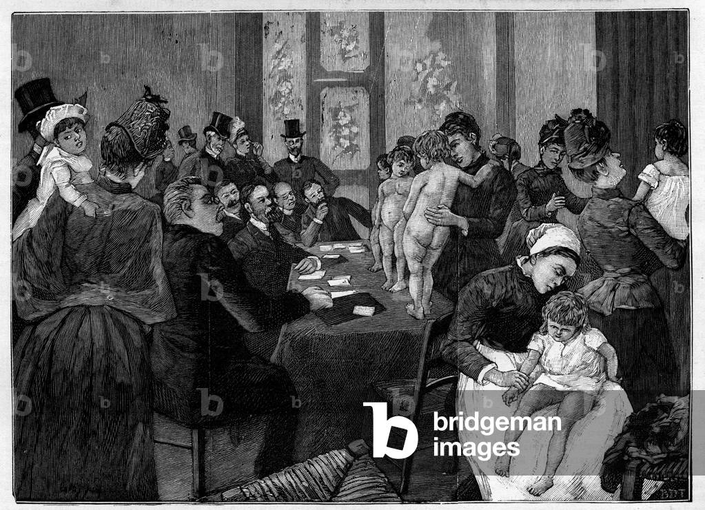 The baby contest. Mother showing their naked child in front of the Jury rue du Cloitre Notre Dame (Cloitre-Notre-Dame) in Paris for the election of the most beautiful baby. Engraving in “” Le Monde illustrious””, 1886. Private collection.