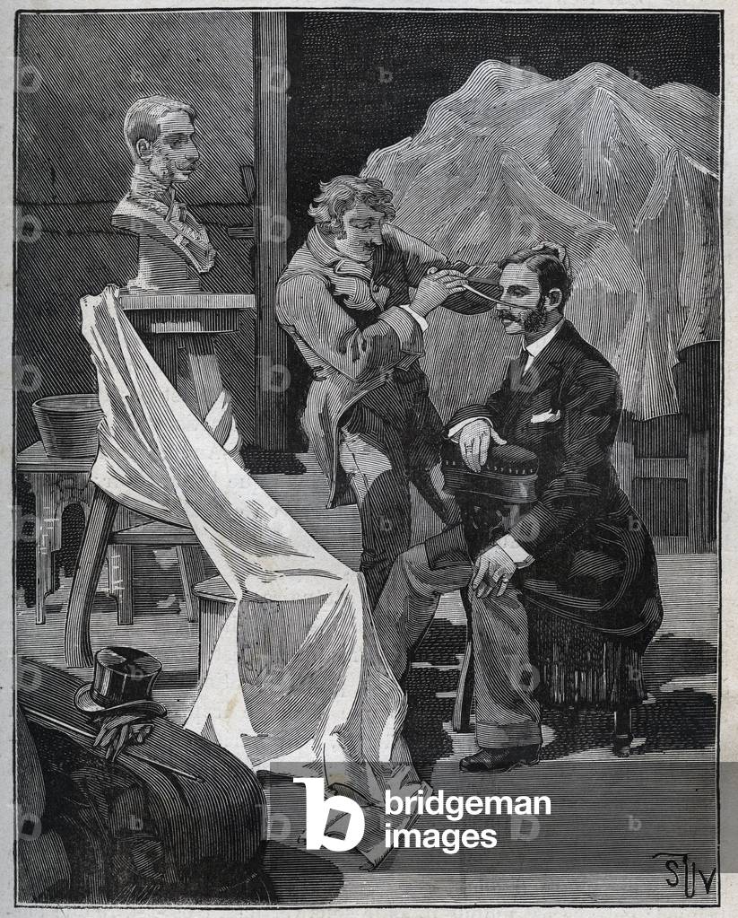 Sculpture, workshop of a sculptor, focus and sculpture of a bust. Engraving from 1880 in “” Les arts et metiers illustres”” by Adolphe BITARD.