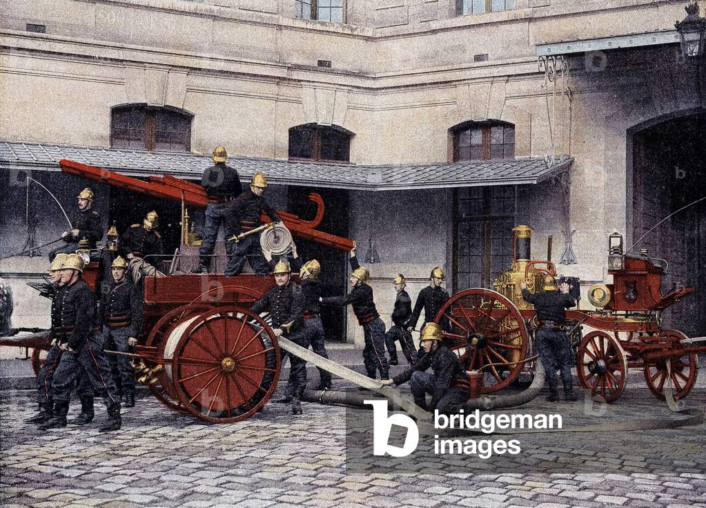 Manoeuvres d'ensemble des firepiers de Paris - in “Album militaire”” - Firefighters, 1892.
