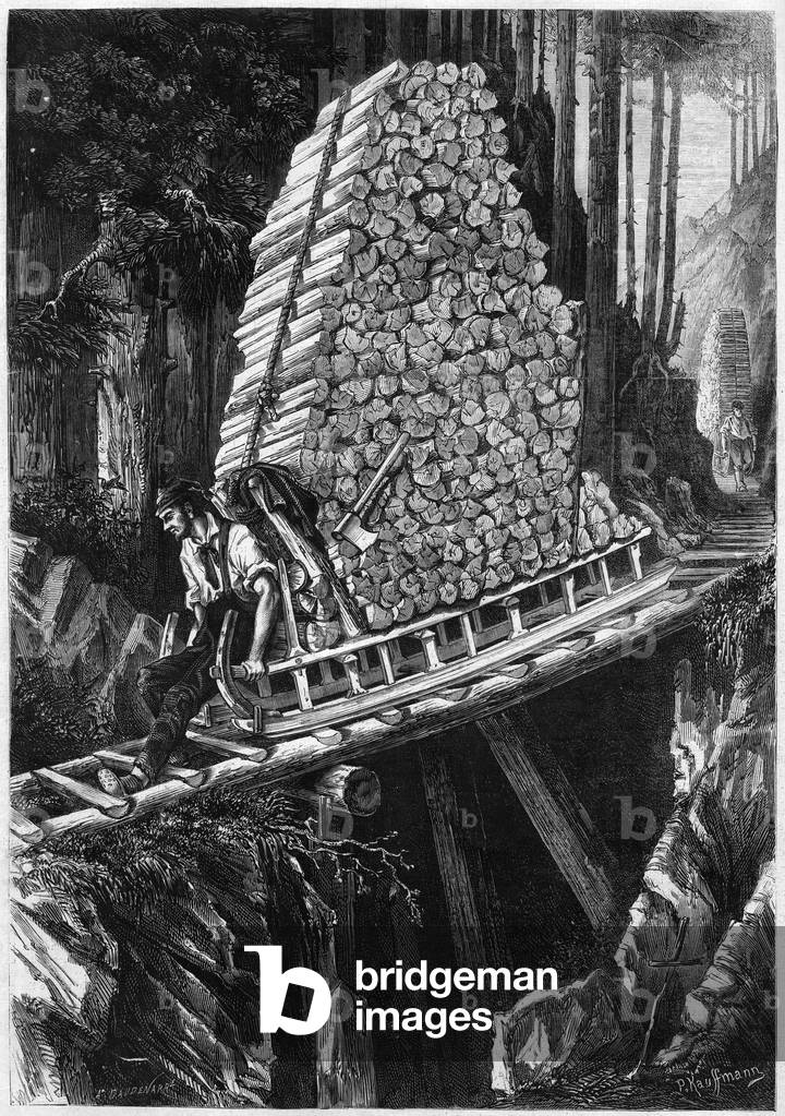 A Schlittes road (wooden sleigh used for the descent of the wood in mountainous regions). Hochwald (Alsace Lorraine, Alsace-Lorraine) in the Vosges, 1872. Engraving in “” Le Monde Illustré”” n°805 of 14 September 1872.