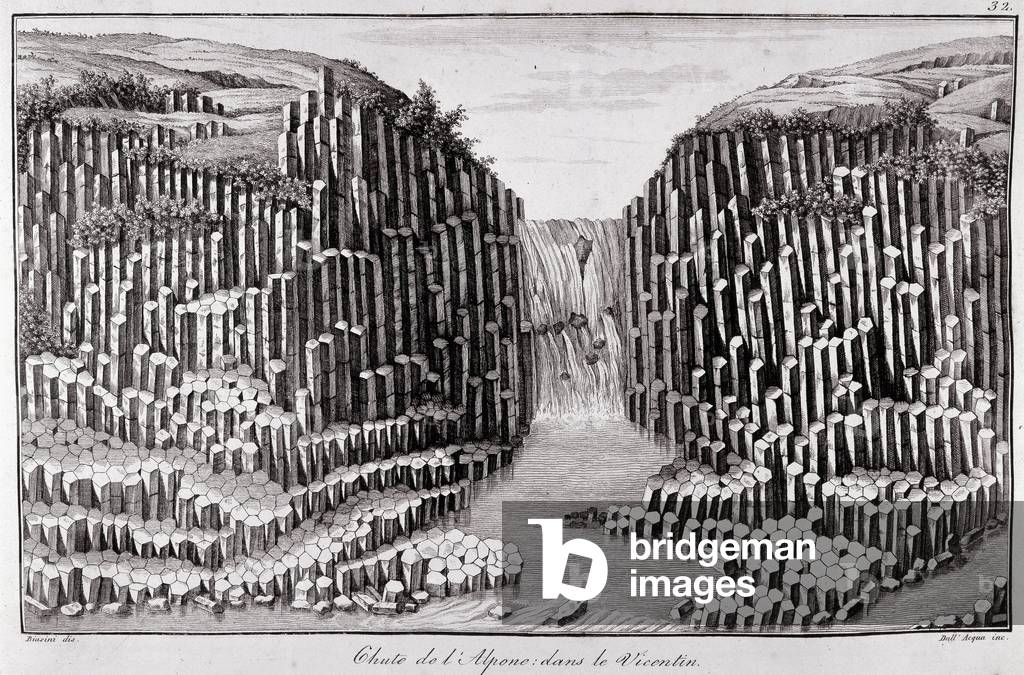 Fall of the Alpone in the middle of basaltic prisms in the Vicentin. Engraving in “” institutiones geologiques”” (Milan, 1818) by Scipio (Scipione) Breislak (1748-1826)