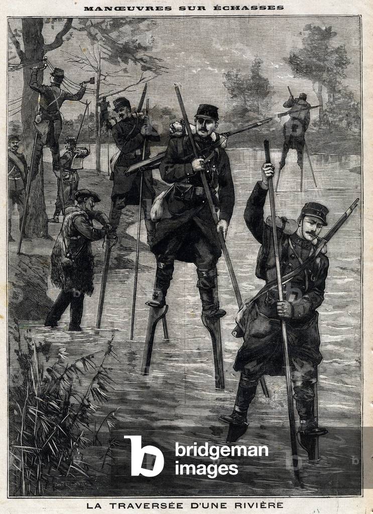 Maneuvers on stilts: the crossing of a river by the French military to Mont de Marsan guided by the Landes echassiers to establish a telegraphic line, 1899 (engraving)