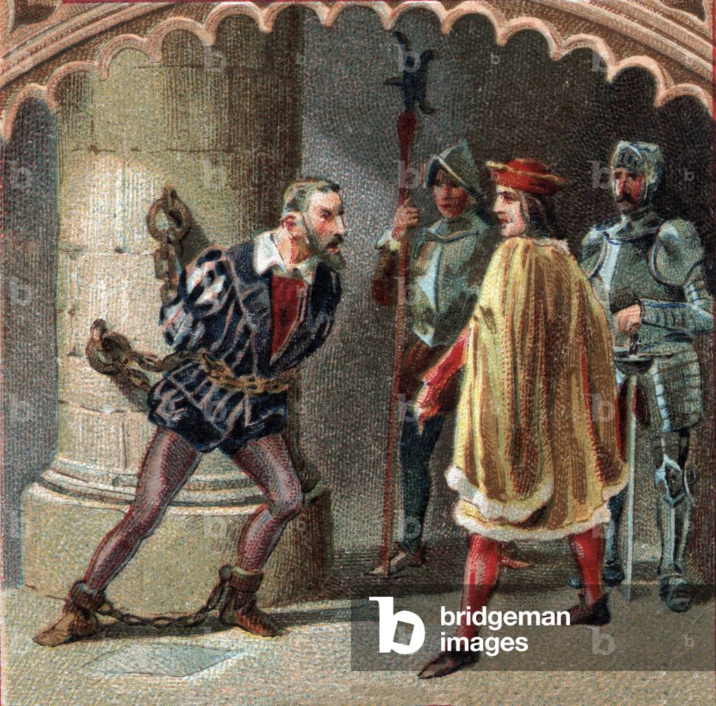 The King of France Louis XII has Ludovic Marie Sforza, known as the More (Ludovico Maria Sforza detto il Moro) (1452-1508) locked in the castle of Loches, in Touraine. Chromolithography of the late 19th century