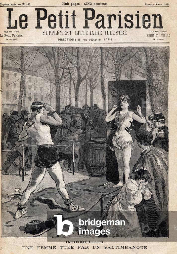 Woman killed by accident during a show of saltibank in the street, Place des Quinconces in Bordeaux. One of the newspaper 
