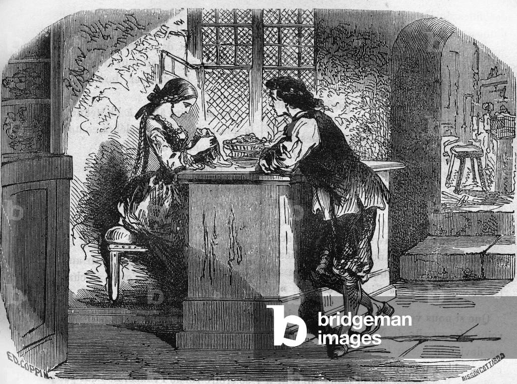 King Louis XI (1423-1483) ordered for his mistress the Lady of Gigon a magnificent adornment at the jeweller Madame Passefilon. Engraving in “The history of prostitution and debauche among all the peoples of the world from antiquity to the present day” by Dr. Th. -F. Debray. 1879.